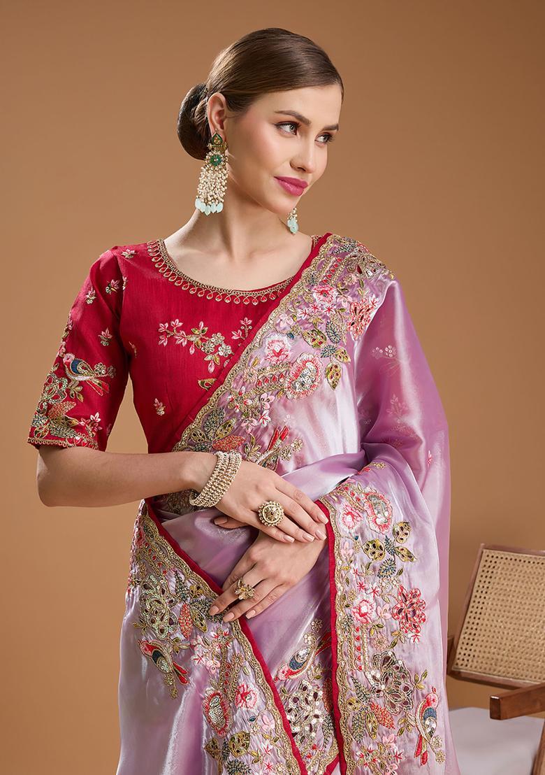 Purple Embroidered Tissue Saree Set - Indya