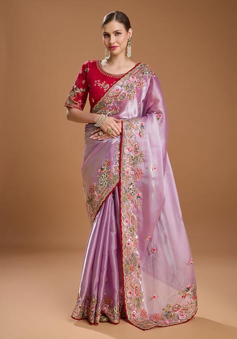 Purple Embroidered Tissue Saree Set