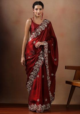 Red Embroidered Silk Blend Saree Set