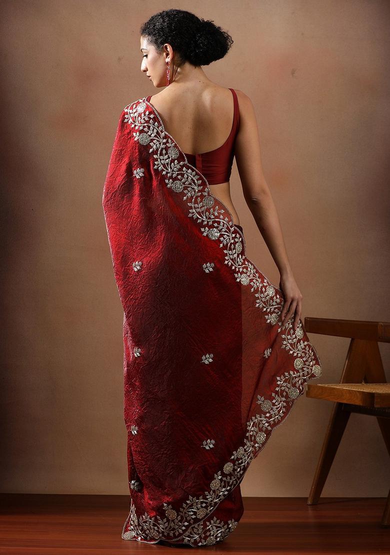 Red Embroidered Silk Blend Saree Set - Indya