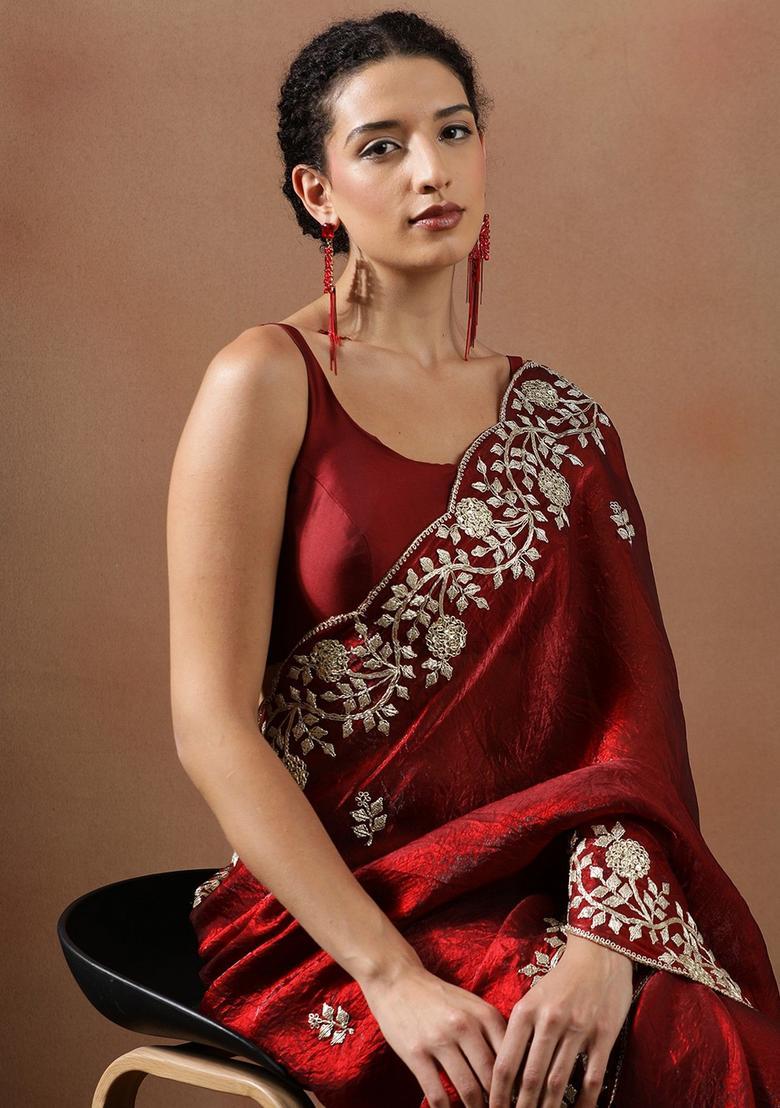 Red Embroidered Silk Blend Saree Set - Indya