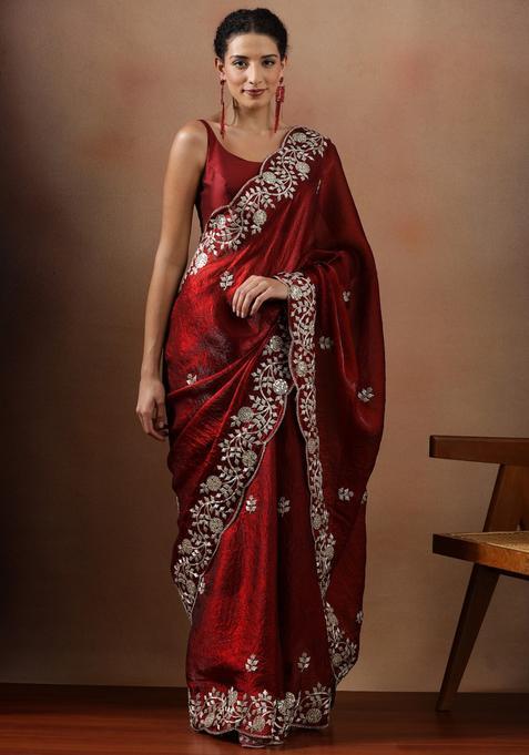 Red Embroidered Silk Blend Saree Set