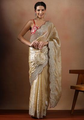 Cream Embroidered Organza Saree Set