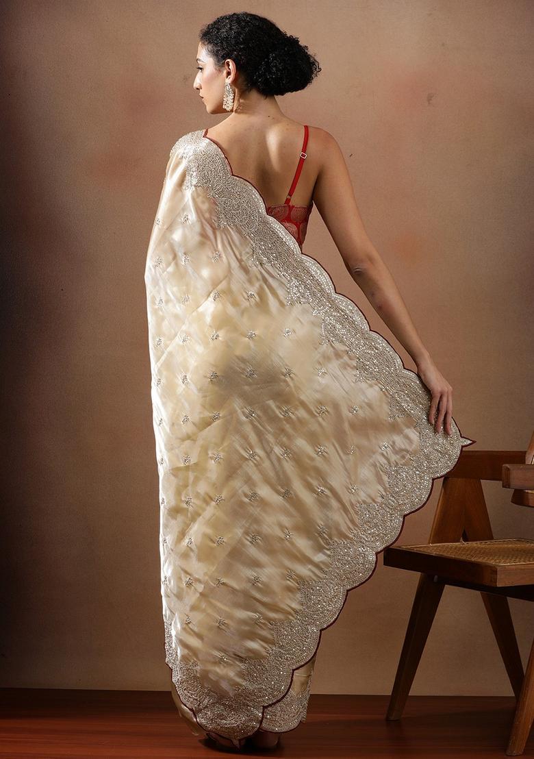 Cream Embroidered Organza Saree Set - Indya
