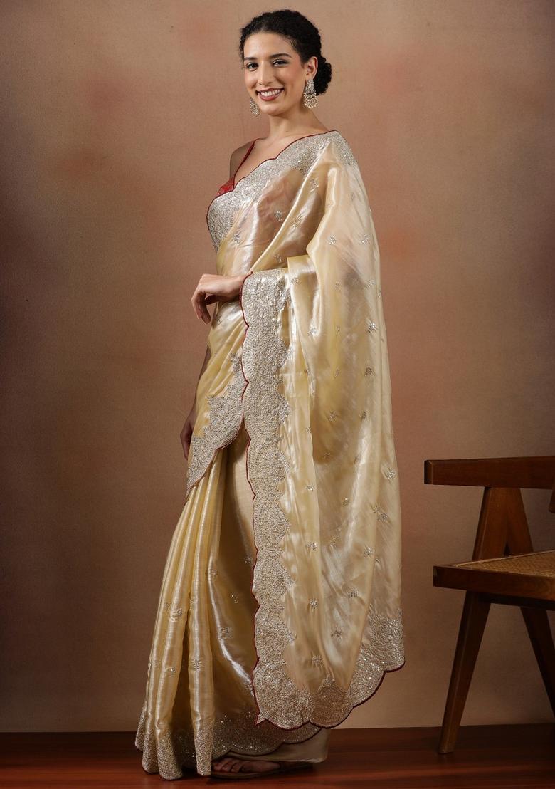 Cream Embroidered Organza Saree Set - Indya