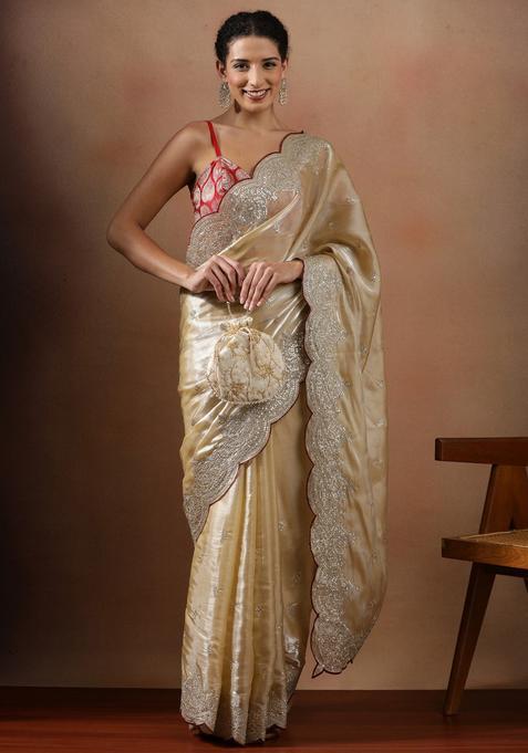 Cream Embroidered Organza Saree Set