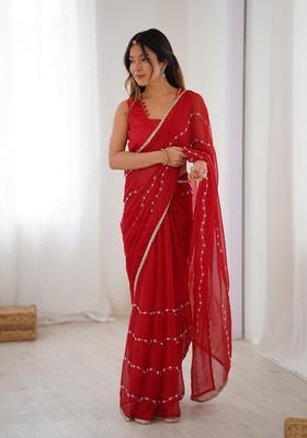 Red Sequin Work Silk Blend Saree Set