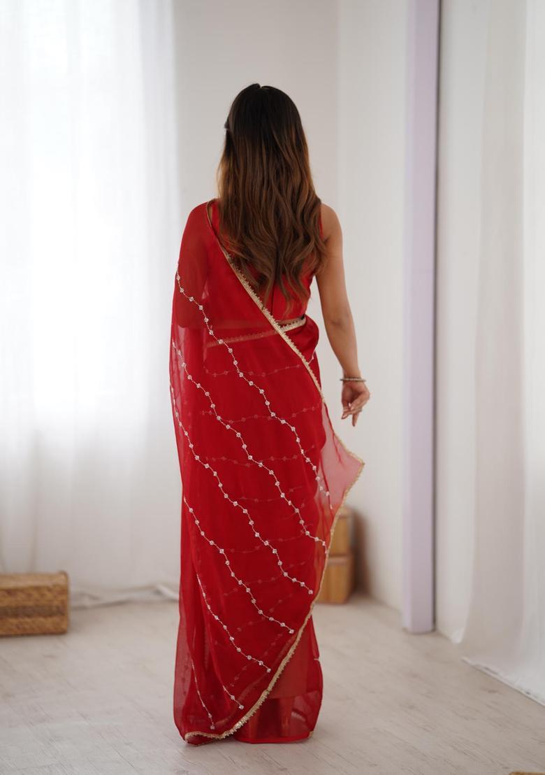 Red Sequin Work Silk Blend Saree Set - Indya