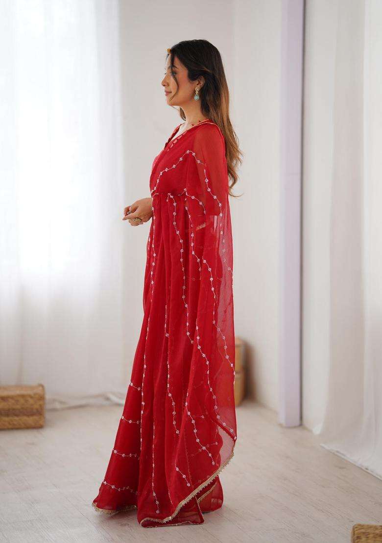 Red Work Silk Blend Saree Set with Sequin for Diwali | Wedding & Festive Wear - Indya