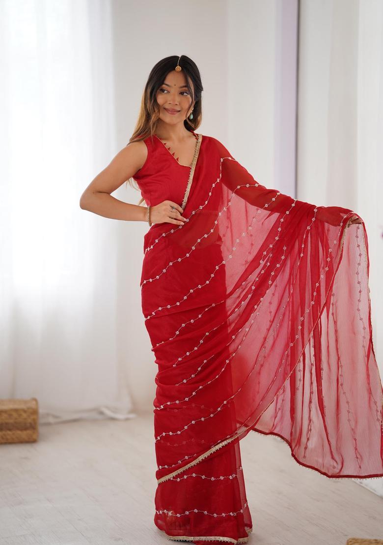 Red Sequin Work Silk Blend Saree Set - Indya