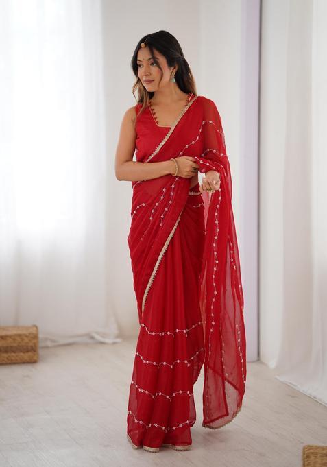 Red Sequin Work Silk Blend Saree Set