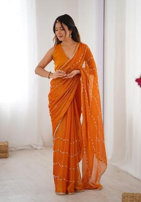 Yellow Sequin Work Silk Blend Saree Set