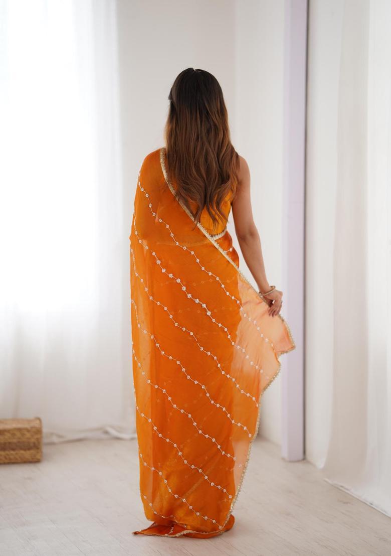 Yellow Sequin Work Silk Blend Saree Set - Indya