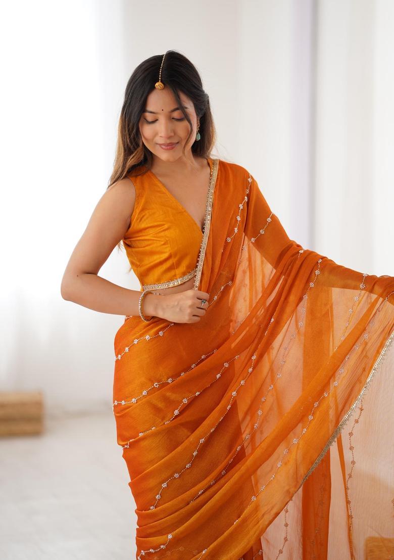 Yellow Sequin Work Silk Blend Saree Set - Indya