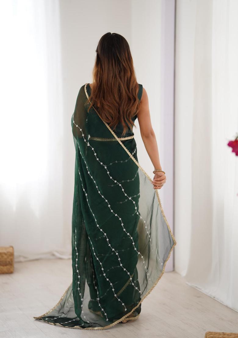 Green Sequin Work Silk Blend Saree Set - Indya