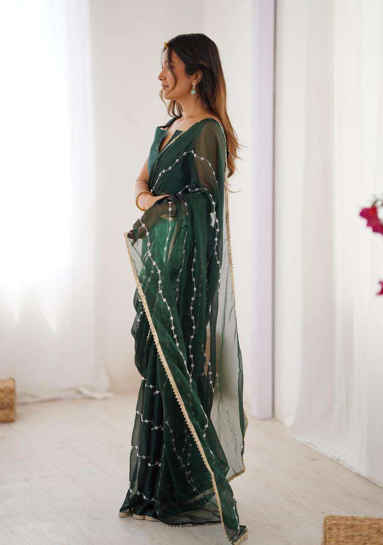 Green Sequin Work Silk Blend Saree Set for Diwali and Festive Wear - Indya