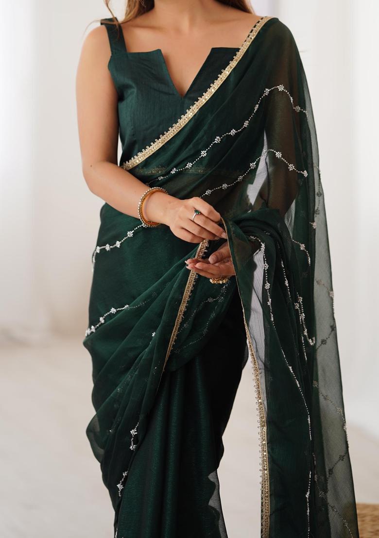 Green Sequin Work Silk Blend Saree Set - Indya