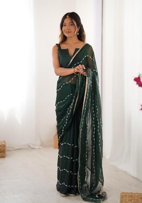 Green Sequin Work Silk Blend Saree Set