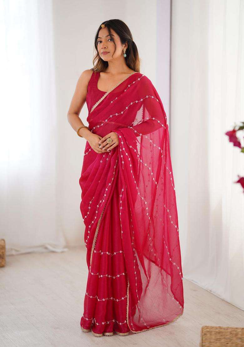 Pink Work Silk Blend Saree Set with Sequin for Diwali | Wedding & Festive Wear - Indya