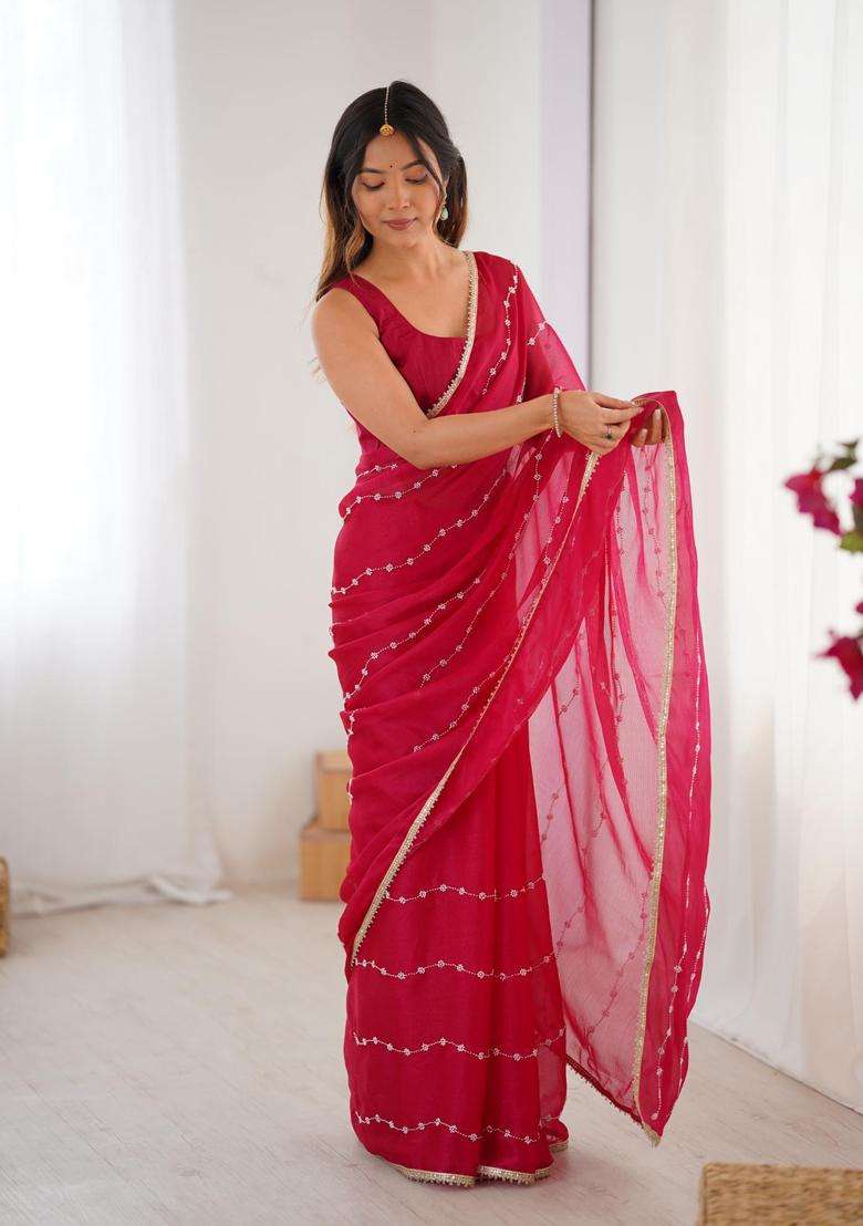 Pink Work Silk Blend Saree Set with Sequin for Diwali | Wedding & Festive Wear - Indya