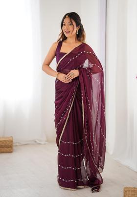 Wine Sequin Work Silk Blend Saree Set
