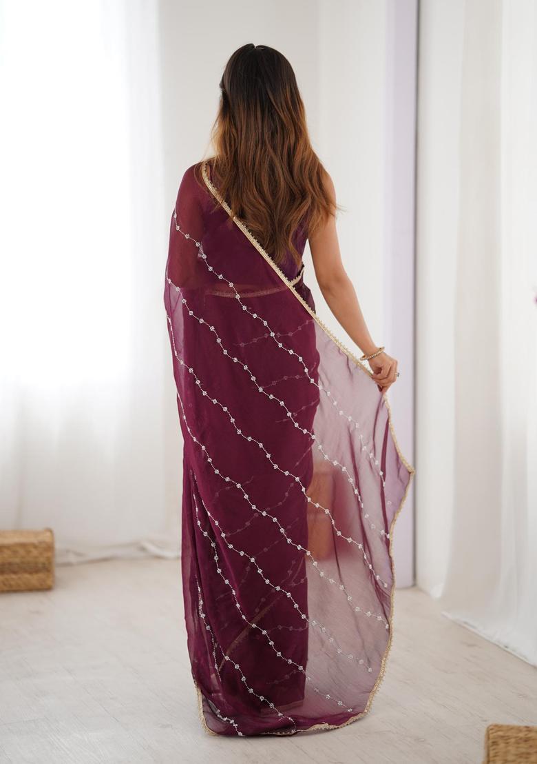 Wine Sequin Work Silk Blend Saree Set - Indya