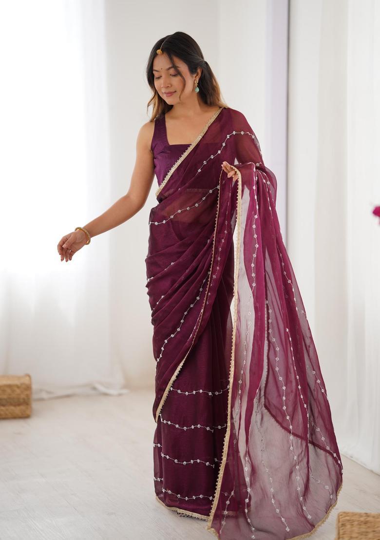 Wine Sequin Work Silk Blend Saree Set - Indya