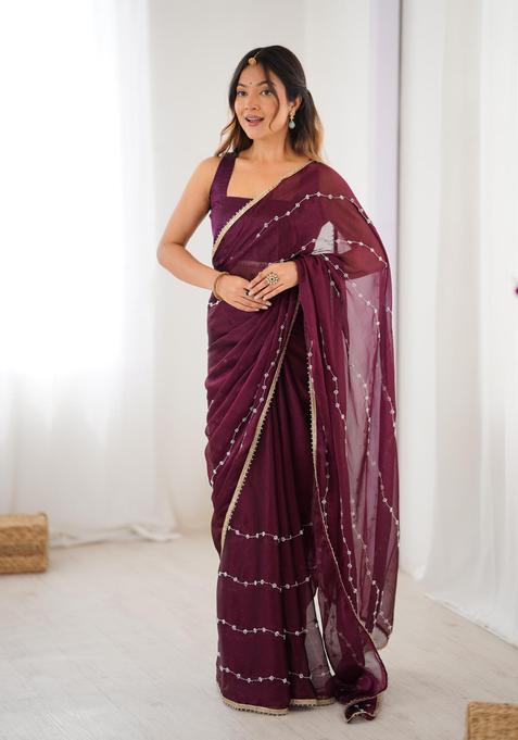 Wine Sequin Work Silk Blend Saree Set