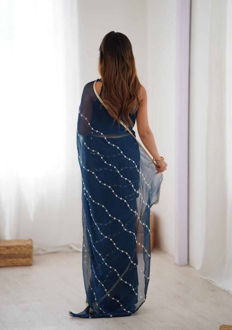Blue Sequin Work Silk Blend Saree Set - Indya