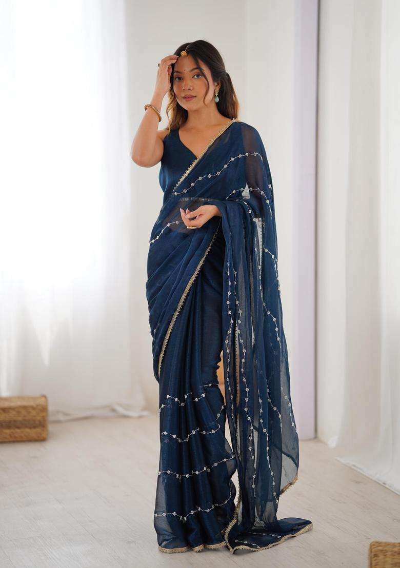 Blue Work Silk Blend Saree Set with Sequin for Diwali | Wedding & Festive Wear - Indya