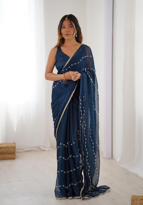 Blue Sequin Work Silk Saree Set