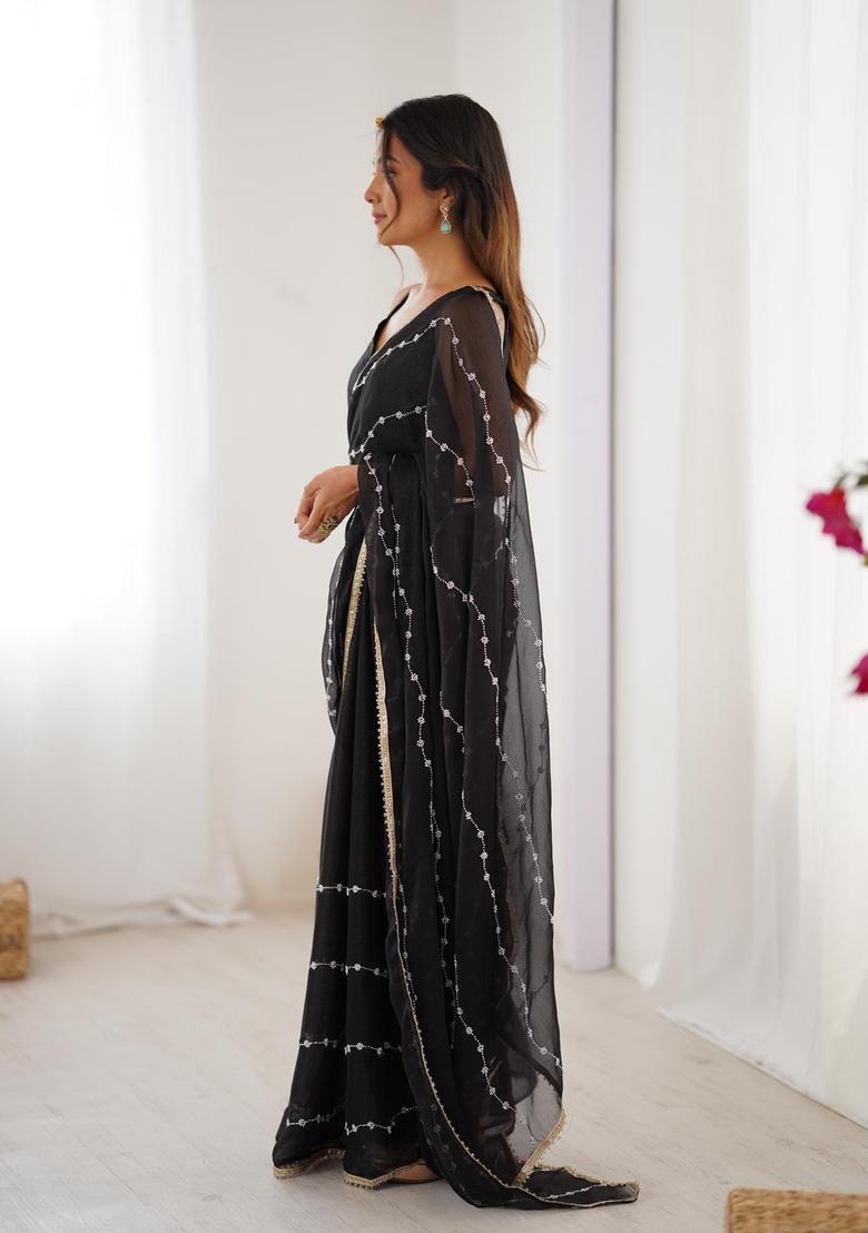 Black Sequin Work Silk Blend Saree Set - Indya