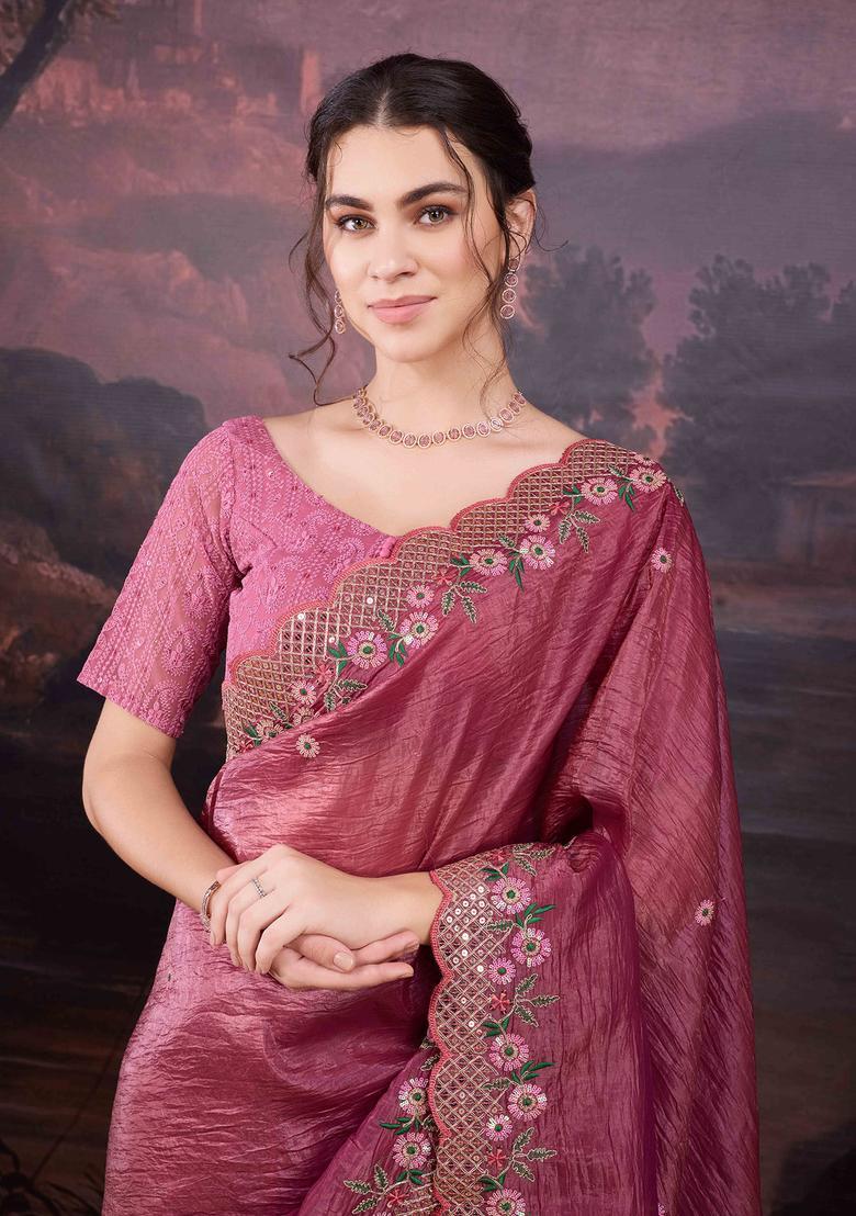 Pink Embroidered Silk Blend Saree Set - Indya