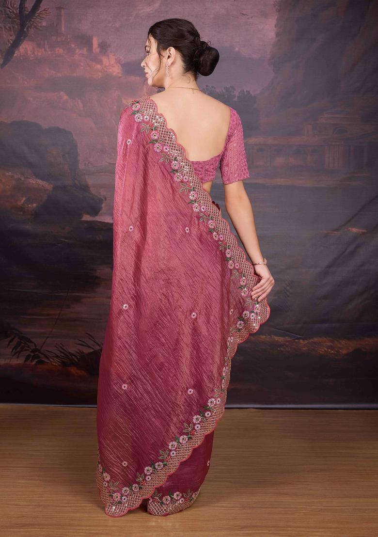 Pink Embroidered Silk Blend Saree Set - Indya