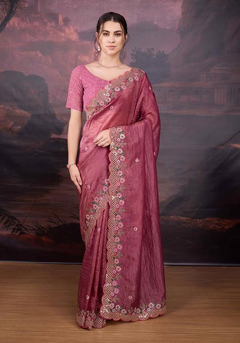 Pink Embroidered Silk Blend Saree Set