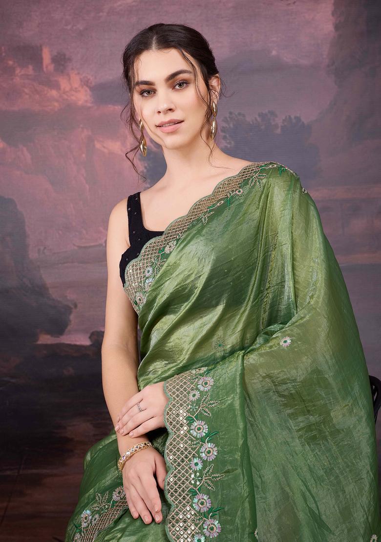 Green Embroidered Silk Blend Saree Set - Indya