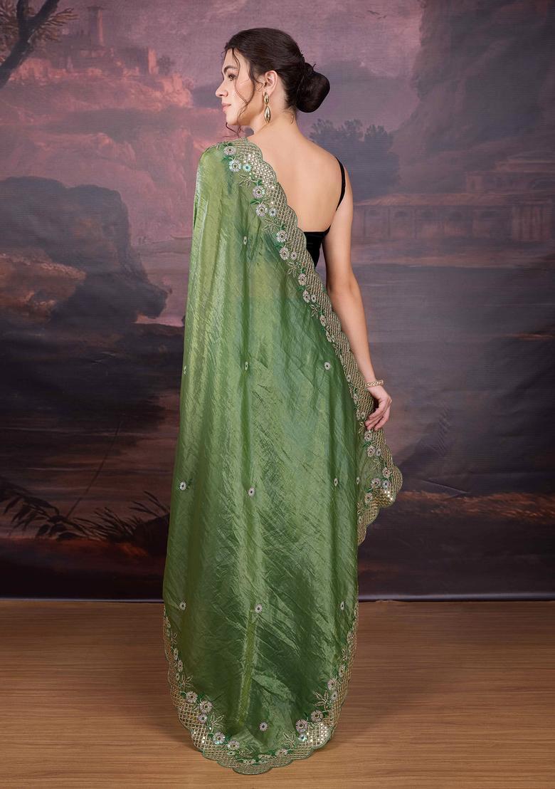 Green Embroidered Silk Blend Saree Set - Indya