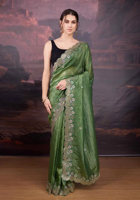 Green Embroidered Silk Blend Saree Set