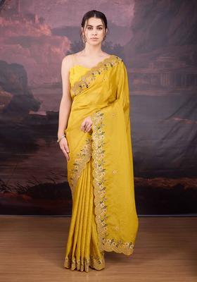 Yellow Embroidered Silk Blend Saree Set