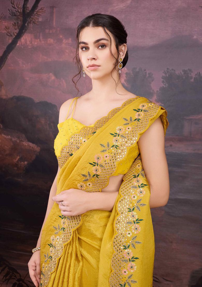 Yellow Embroidered Silk Blend Saree Set - Indya
