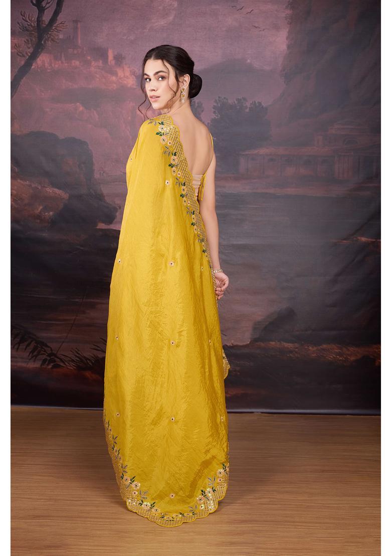 Yellow Embroidered Silk Blend Saree Set - Indya