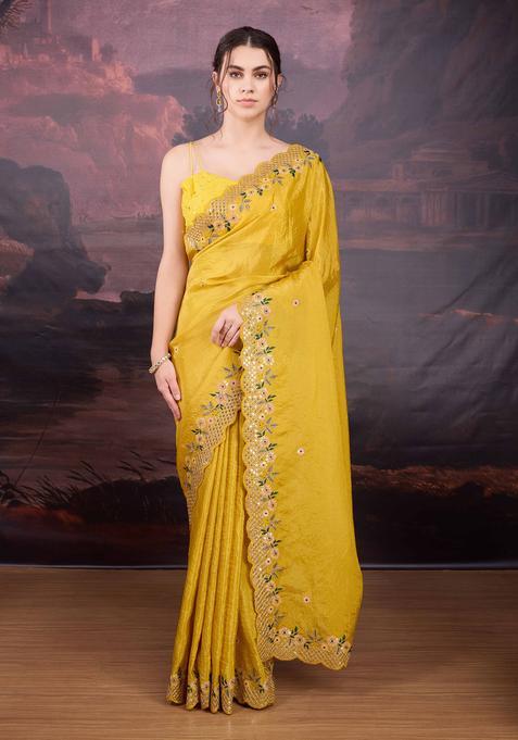 Yellow Embroidered Silk Blend Saree Set