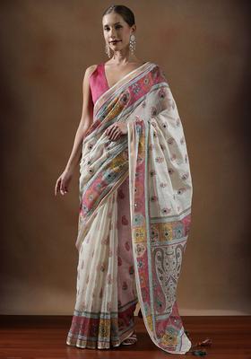 Off White Paisley Cotton Saree Set