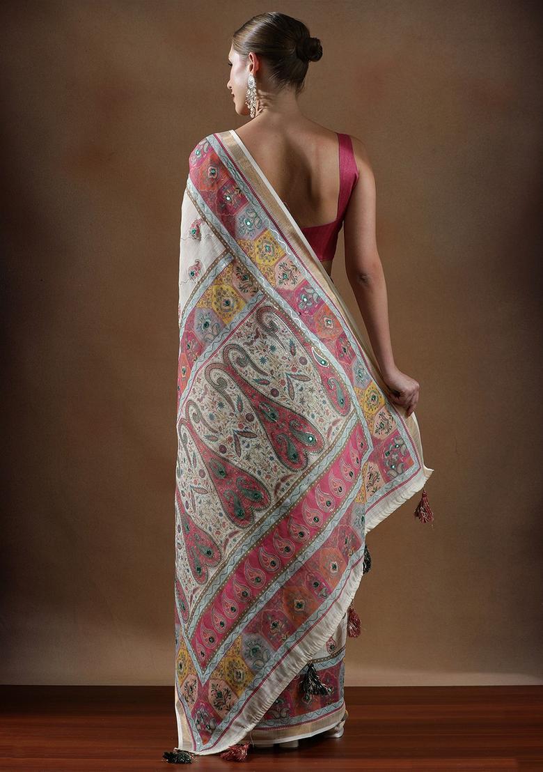 Off White Paisley Cotton Saree Set - Indya