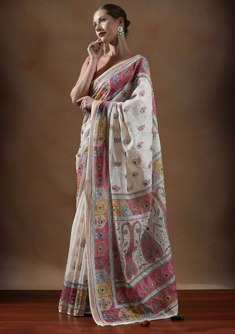 Off White Paisley Cotton Saree Set - Indya