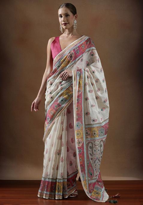 Off White Paisley Cotton Saree Set