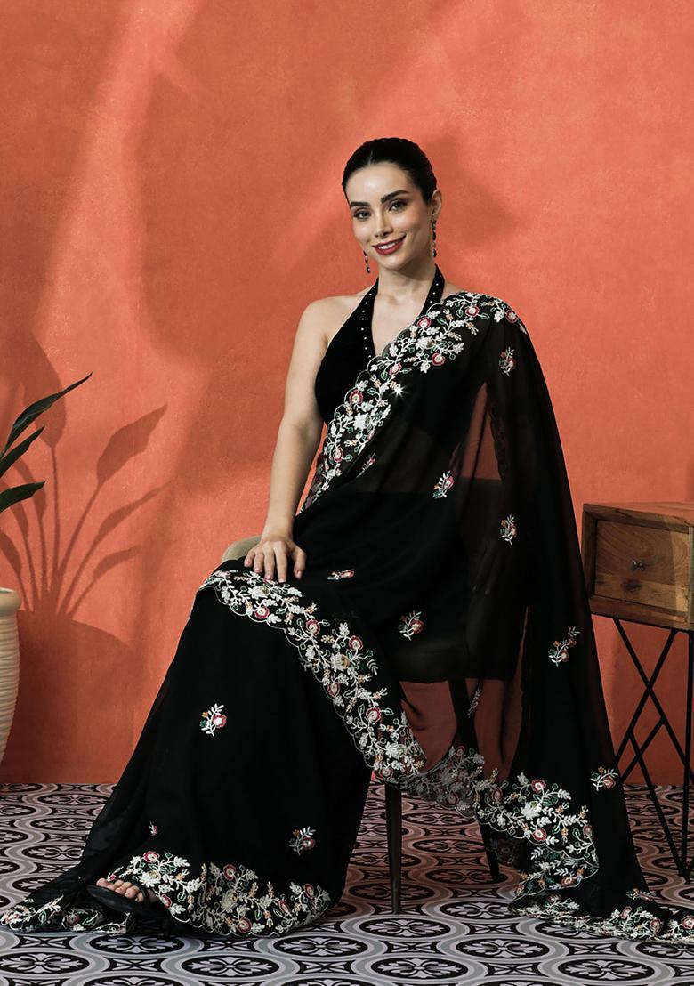 Black Floral Print Georgette Saree Set - Indya