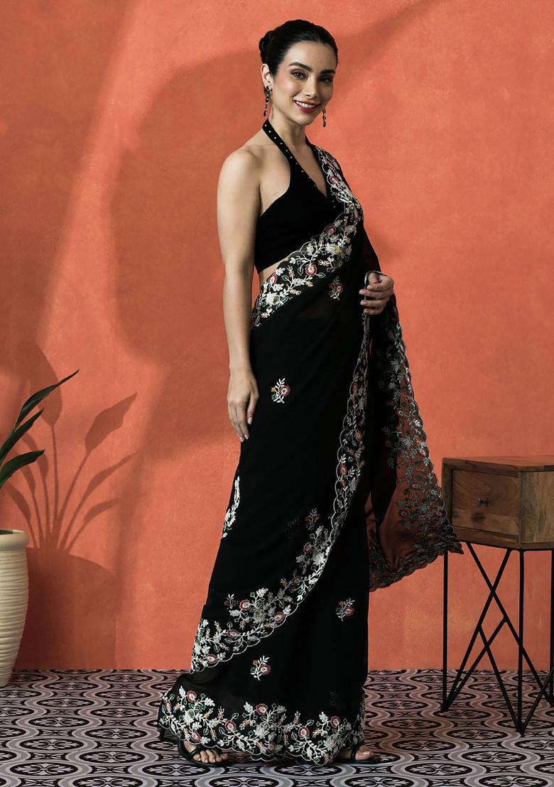 Black Floral Print Georgette Saree Set - Indya