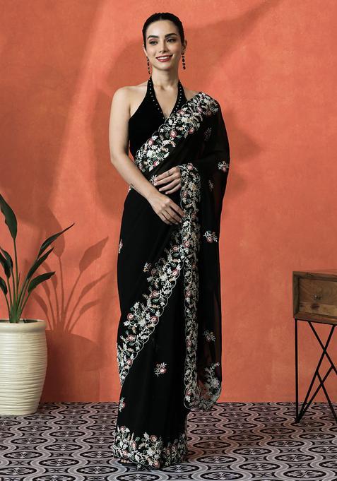 Black Floral Print Georgette Saree Set