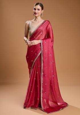Red Sequin Work Satin Saree Set